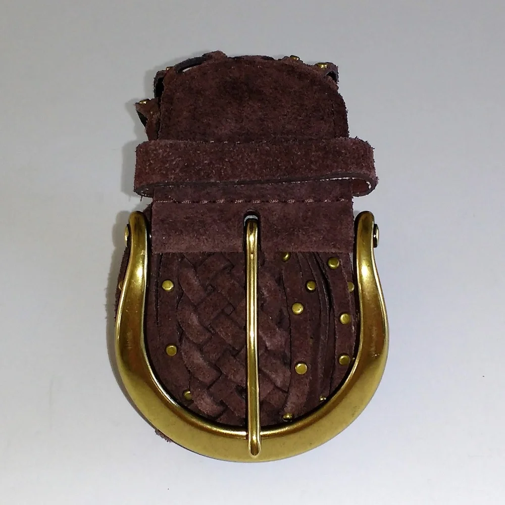 Coldwater Creek Brown Leather Braided Gold-Tone Metal Accented Wide Belt